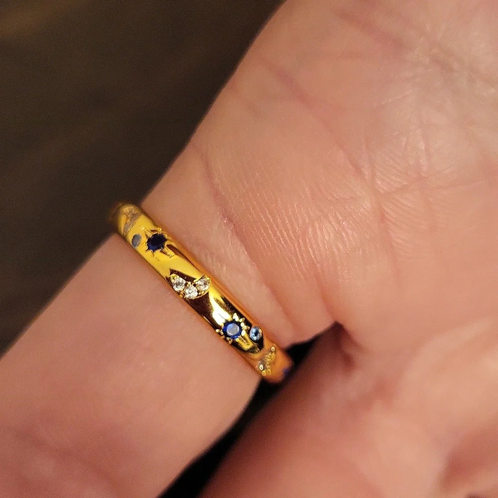 18k Over Sterling Silver Moon & Star Celestial Band Ring